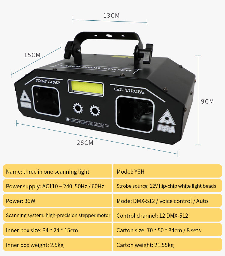RaveLight™  3-in-1 Laser, Scanner, & Strobe Stage Lighting