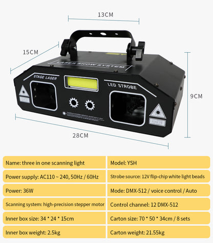 RaveLight™  3-in-1 Laser, Scanner, & Strobe Stage Lighting